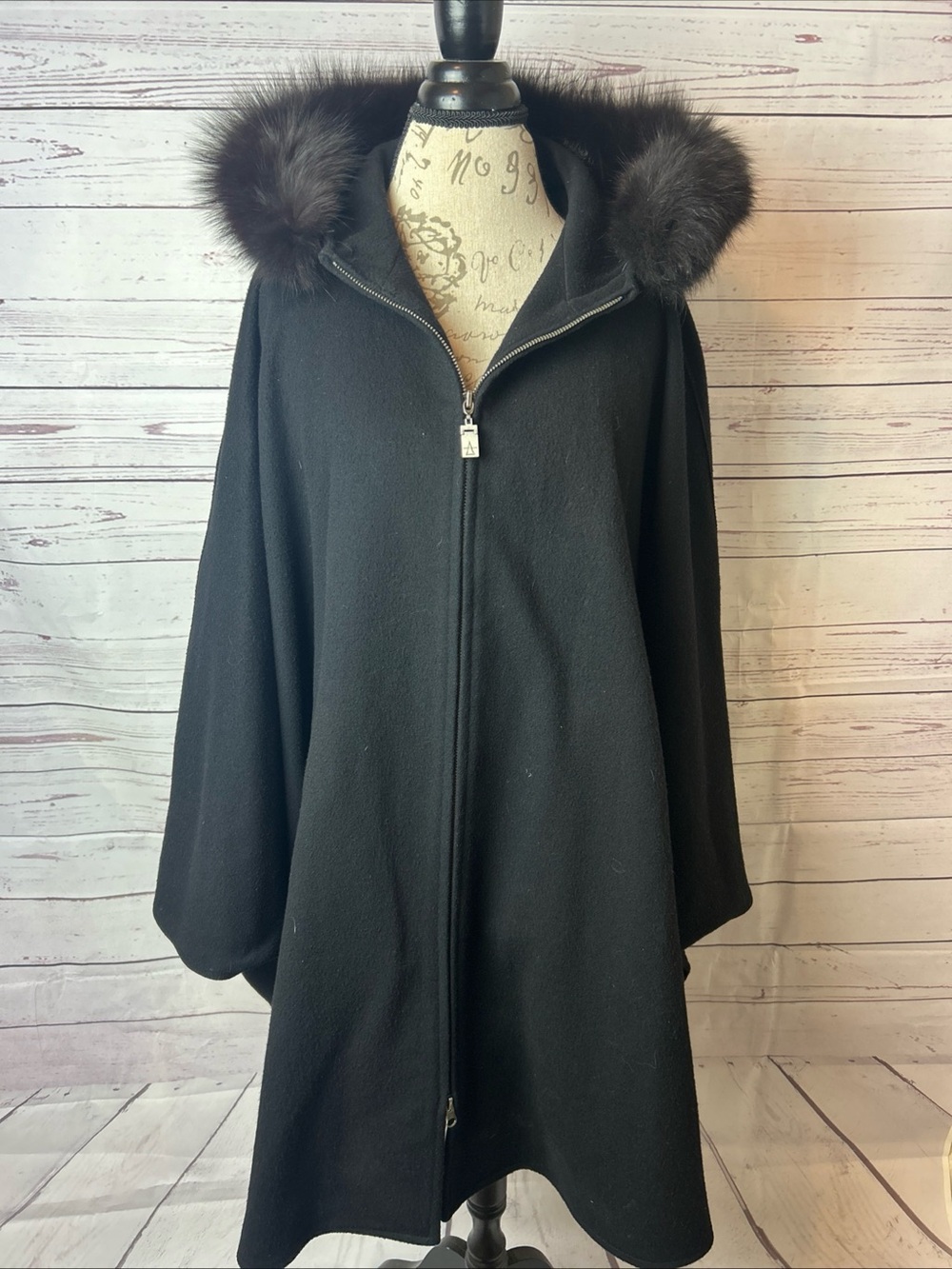 Anne Klein Black Wool Zip Front Poncho Cape Faux Fur Hooded Jacket ONE Size
